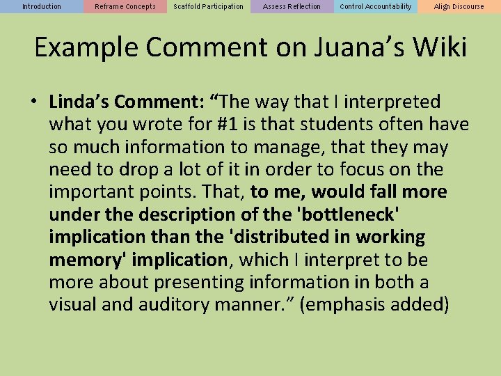 Introduction Reframe Concepts Scaffold Participation Assess Reflection Control Accountability Align Discourse Example Comment on