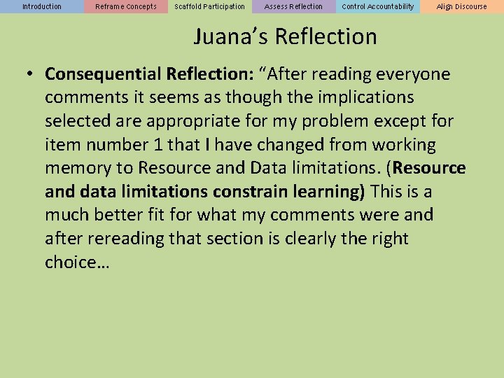 Introduction Reframe Concepts Scaffold Participation Assess Reflection Control Accountability Align Discourse Juana’s Reflection •