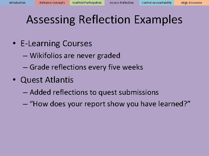 Introduction Reframe Concepts Scaffold Participation Assess Reflection Control Accountability Align Discourse Assessing Reflection Examples