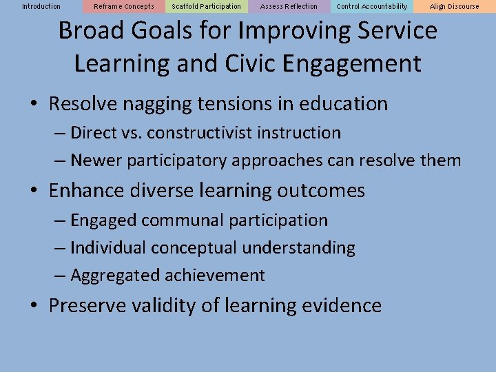 Introduction Reframe Concepts Scaffold Participation Assess Reflection Control Accountability Align Discourse Broad Goals for