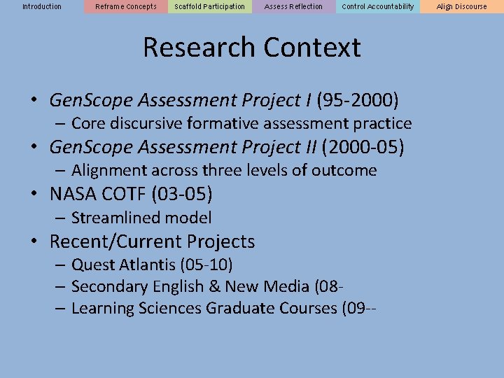 Introduction Reframe Concepts Scaffold Participation Assess Reflection Control Accountability Research Context • Gen. Scope