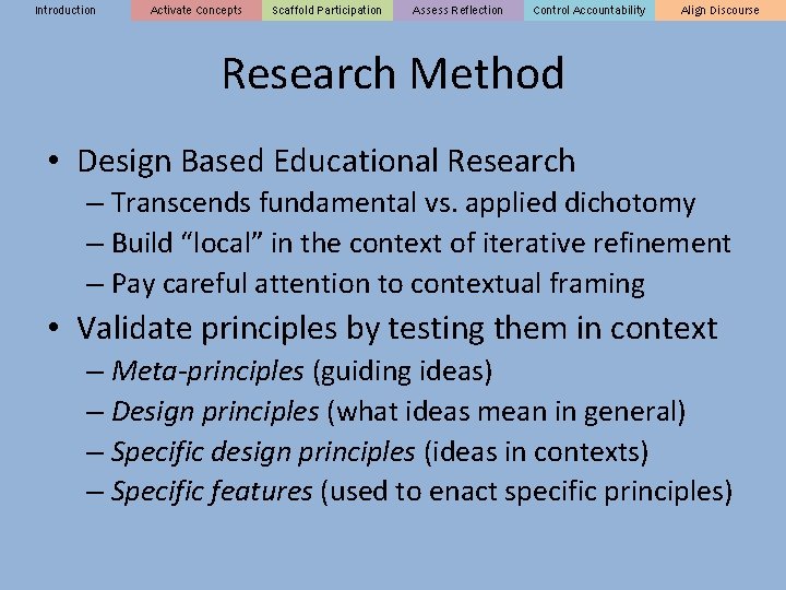 Introduction Activate Concepts Scaffold Participation Assess Reflection Control Accountability Align Discourse Research Method •