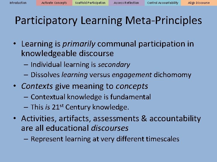 Introduction Activate Concepts Scaffold Participation Assess Reflection Control Accountability Align Discourse Participatory Learning Meta-Principles