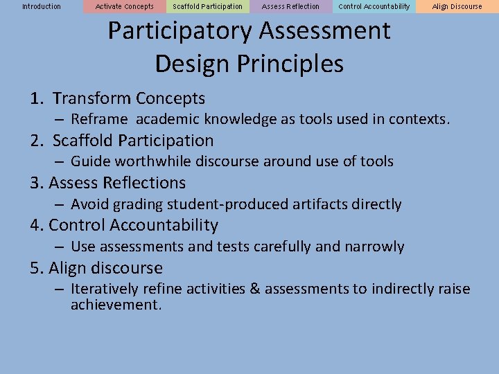 Introduction Activate Concepts Scaffold Participation Assess Reflection Control Accountability Align Discourse Participatory Assessment Design