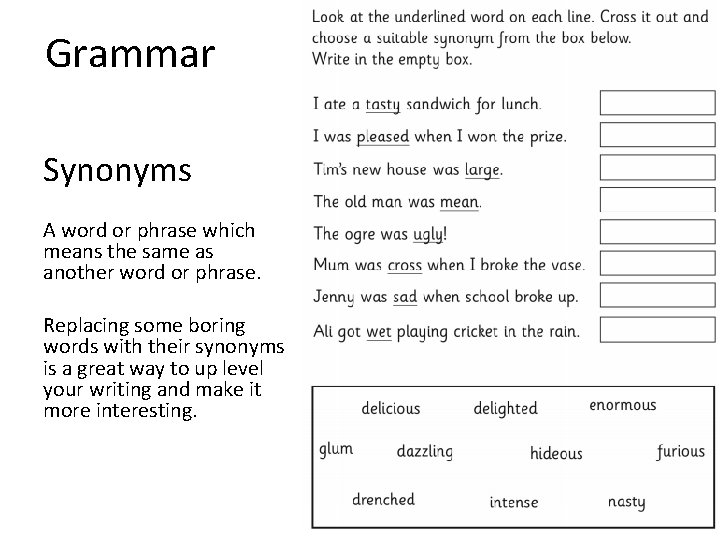 Grammar Synonyms A word or phrase which means the same as another word or