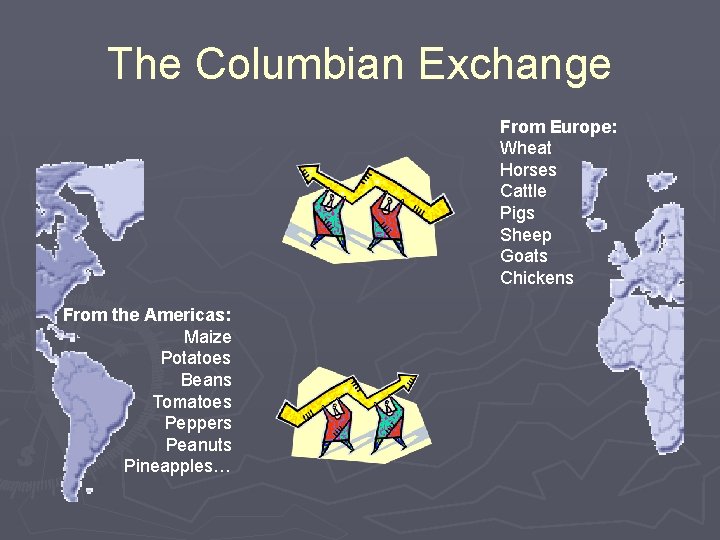 The Columbian Exchange From Europe: Wheat Horses Cattle Pigs Sheep Goats Chickens From the