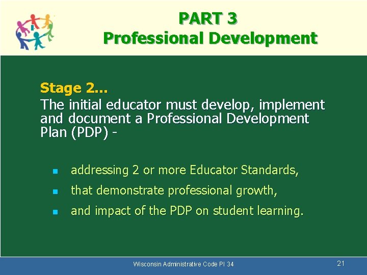 PART 3 Professional Development Stage 2… The initial educator must develop, implement and document