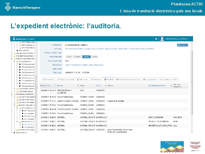 Plataforma ACTIO L’eina de tramitació electrònica pels ens locals L’expedient electrònic: l’auditoria. 