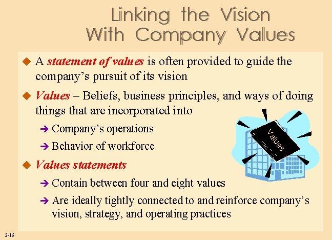 Linking the Vision With Company Values u A statement of values is often provided