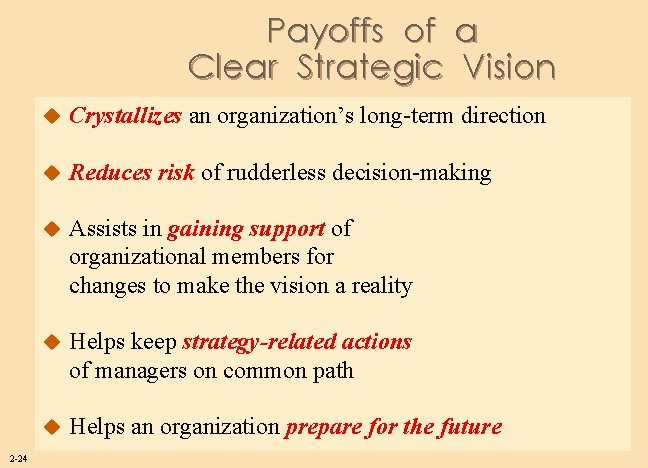 Payoffs of a Clear Strategic Vision 2 -24 u Crystallizes an organization’s long-term direction