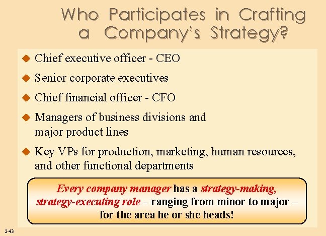 Who Participates in Crafting a Company’s Strategy? u Chief executive officer - CEO u