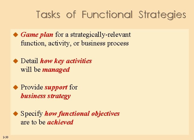 Tasks of Functional Strategies 2 -50 u Game plan for a strategically-relevant function, activity,