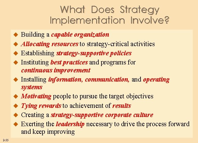 What Does Strategy Implementation Involve? u u u u u 2 -55 Building a