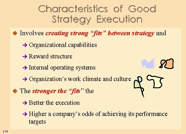 Characteristics of Good Strategy Execution u Involves creating strong “fits” between strategy and è