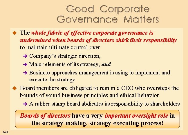 Good Corporate Governance Matters The whole fabric of effective corporate governance is undermined when