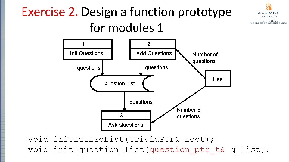 Exercise 2. Design a function prototype for modules 1 1 2 Add Questions Init