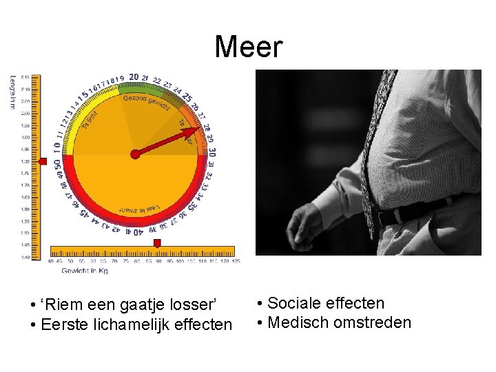 Meer • ‘Riem een gaatje losser’ • Eerste lichamelijk effecten • Sociale effecten •