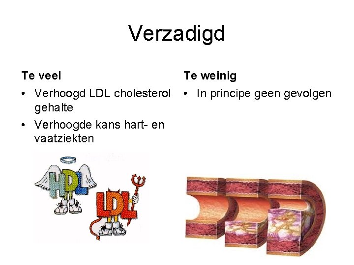 Verzadigd Te veel Te weinig • Verhoogd LDL cholesterol gehalte • Verhoogde kans hart-