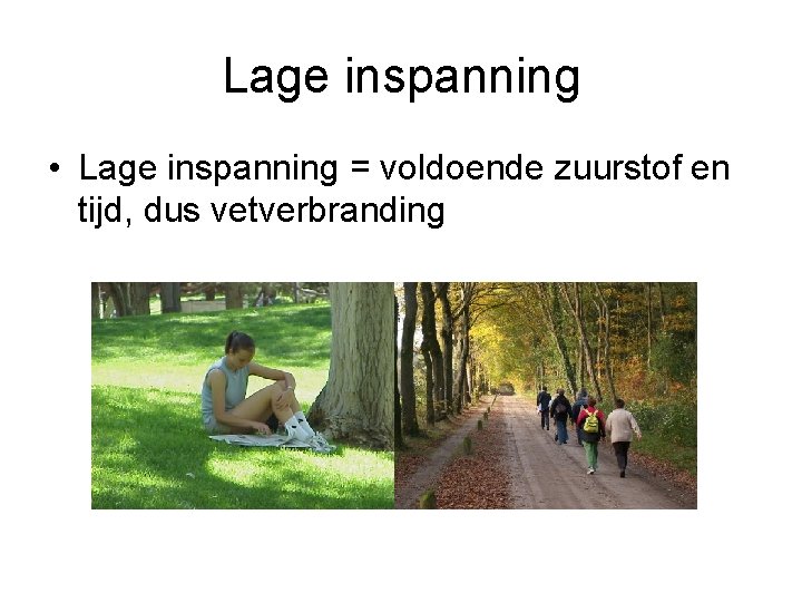 Lage inspanning • Lage inspanning = voldoende zuurstof en tijd, dus vetverbranding 