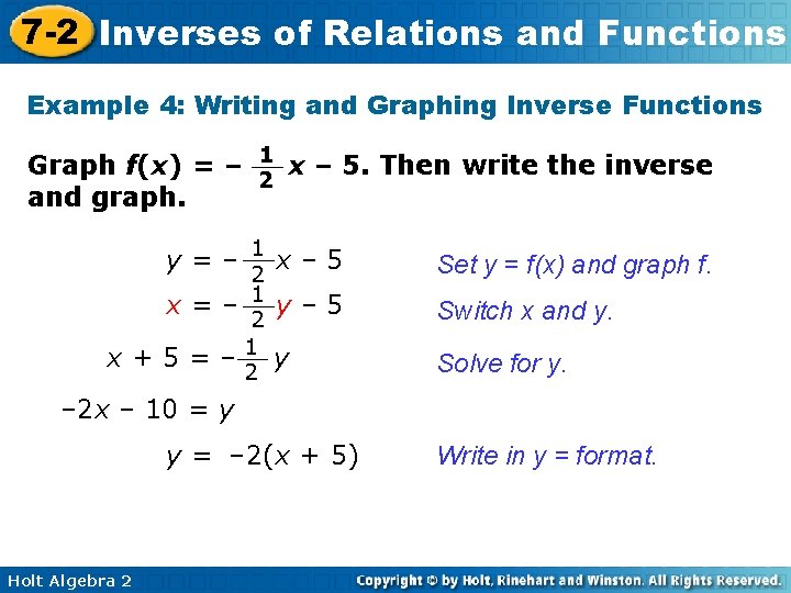 7 -2 Inverses of Relations and Functions Example 4: Writing and Graphing Inverse Functions