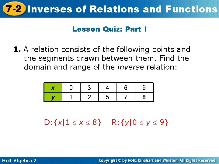 7 -2 Inverses of Relations and Functions Lesson Quiz: Part I 1. A relation