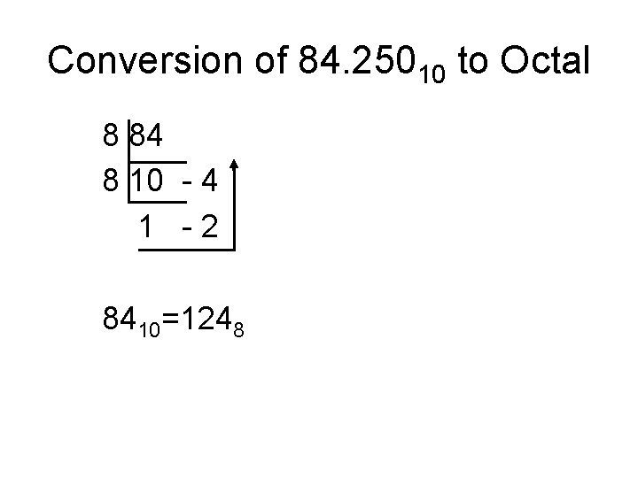 Conversion of 84. 25010 to Octal 8 84 8 10 - 4 1 -2