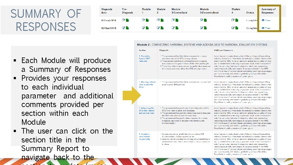 SUMMARY OF RESPONSES § Each Module will produce a Summary of Responses § Provides