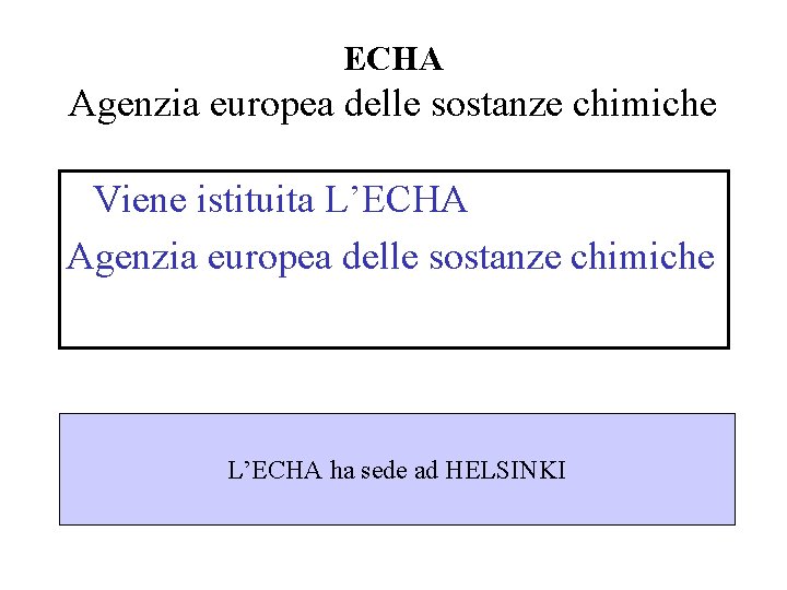 ECHA Agenzia europea delle sostanze chimiche Viene istituita L’ECHA Agenzia europea delle sostanze chimiche