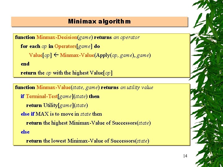 Minimax algorithm function Minmax-Decision(game) returns an operator for each op in Operators[game] do Value[op]