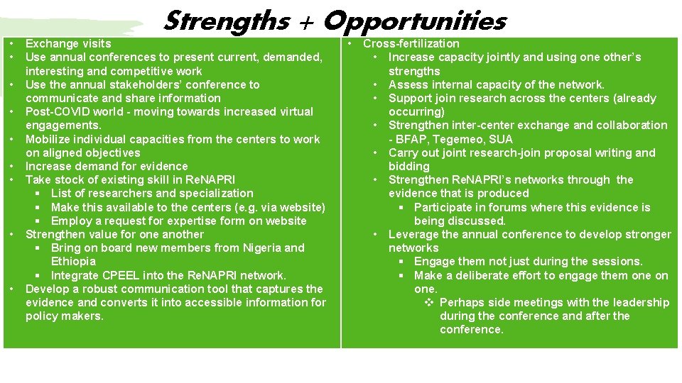 Strengths + Opportunities • • • Exchange visits Use annual conferences to present current,