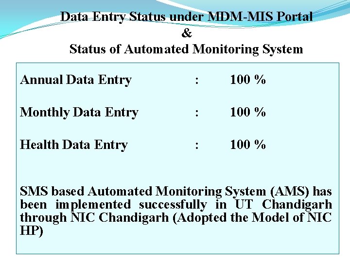 Data Entry Status under MDM-MIS Portal & Status of Automated Monitoring System Annual Data