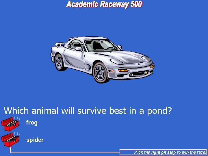 Which animal will survive best in a pond? frog spider Pick the right pit