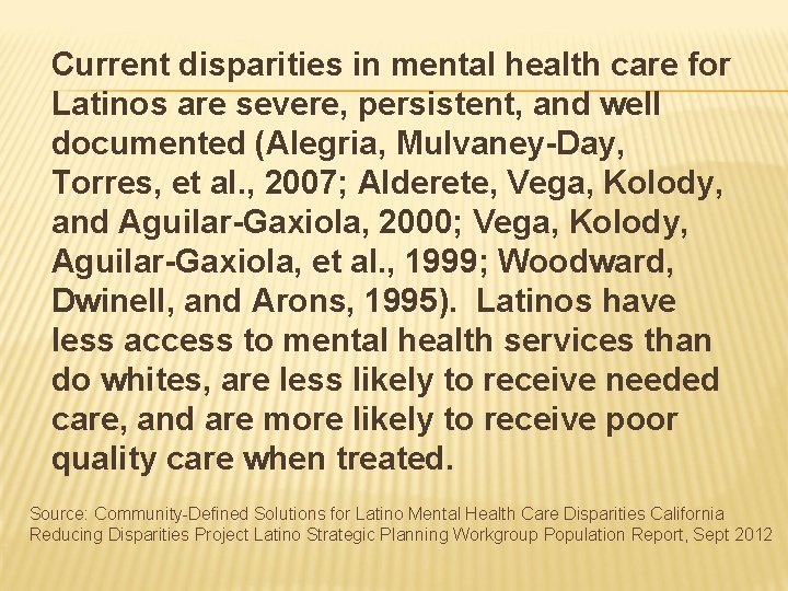 Current disparities in mental health care for Latinos are severe, persistent, and well documented