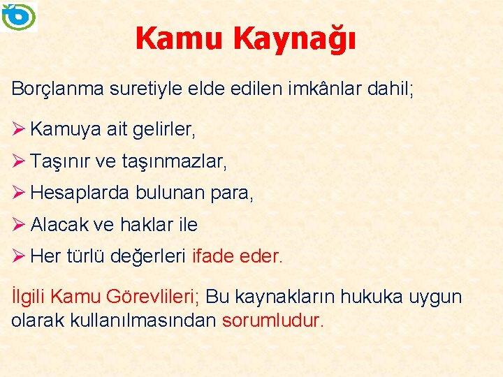 Kamu Kaynağı Borçlanma suretiyle elde edilen imkânlar dahil; Ø Kamuya ait gelirler, Ø Taşınır