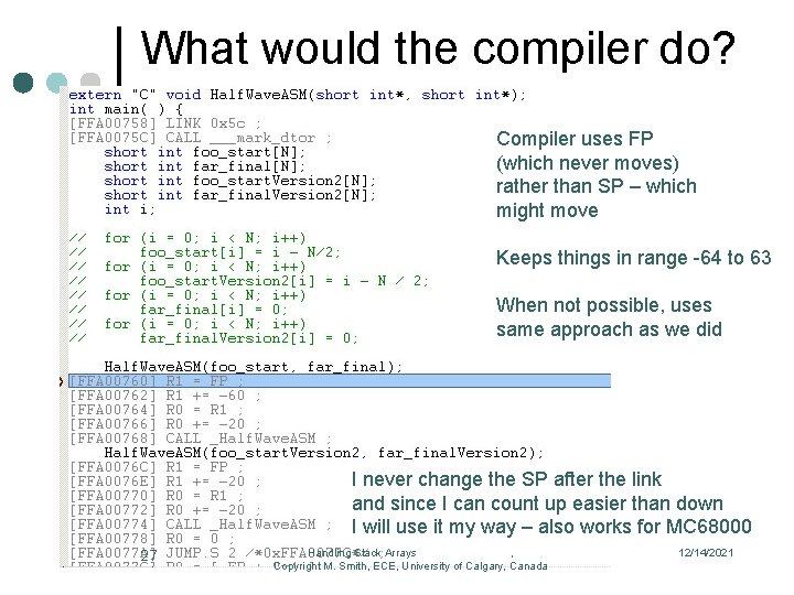 What would the compiler do? Compiler uses FP (which never moves) rather than SP What would the compiler do? Compiler uses FP (which never moves) rather than SP