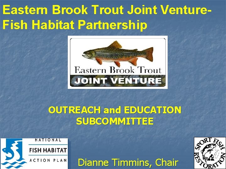 Eastern Brook Trout Joint Venture. Fish Habitat Partnership OUTREACH and EDUCATION SUBCOMMITTEE Dianne Timmins,