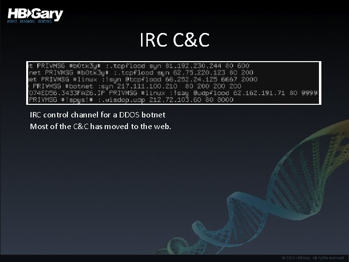 IRC C&C IRC control channel for a DDOS botnet Most of the C&C has