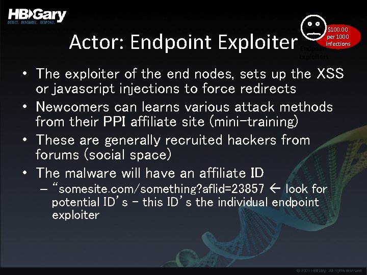 Actor: Endpoint Exploiter $100. 00 per 1000 infections Endpoint Exploiters • The exploiter of