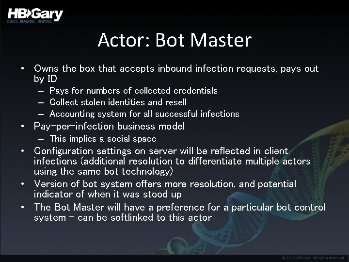 Actor: Bot Master • Owns the box that accepts inbound infection requests, pays out