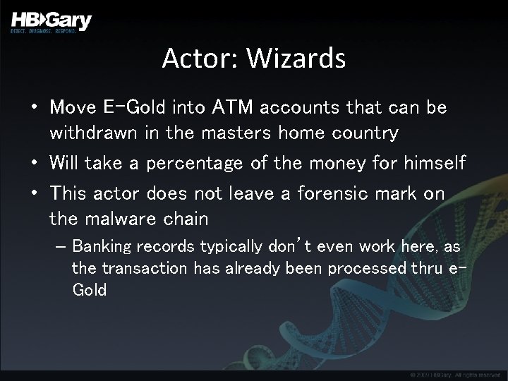 Actor: Wizards • Move E-Gold into ATM accounts that can be withdrawn in the