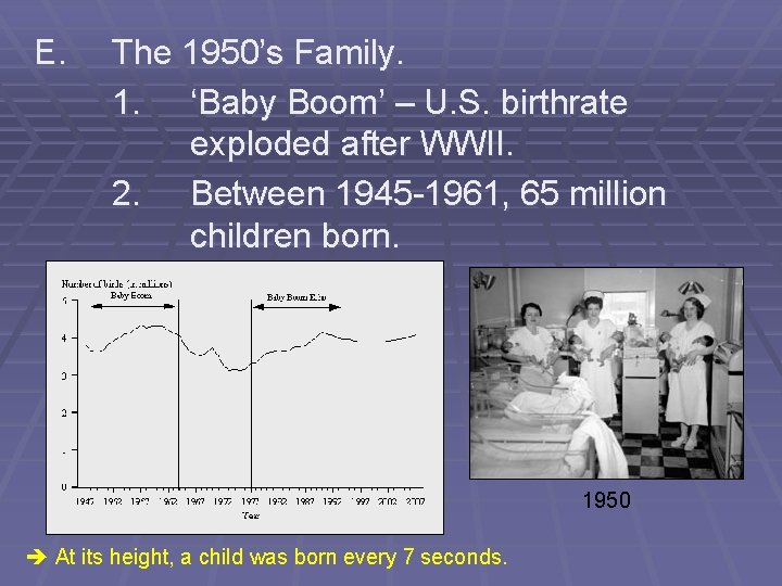 E. The 1950’s Family. 1. ‘Baby Boom’ – U. S. birthrate exploded after WWII.