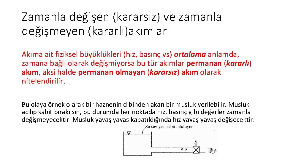 Zamanla değişen (kararsız) ve zamanla değişmeyen (kararlı)akımlar Akıma ait fiziksel büyüklükleri (hız, basınç vs)