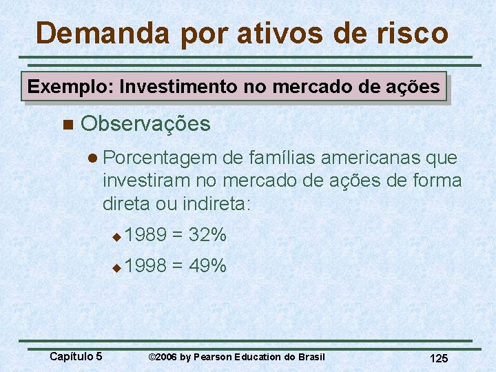 Demanda por ativos de risco Exemplo: Investimento no mercado de ações n Observações l