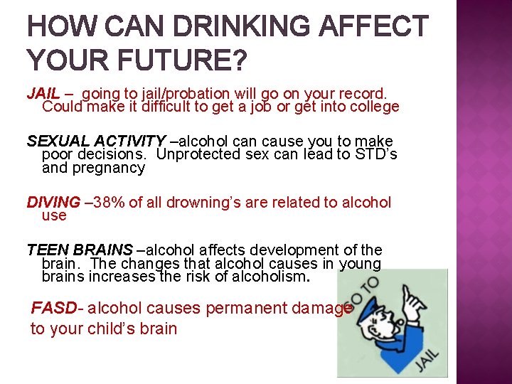 HOW CAN DRINKING AFFECT YOUR FUTURE? JAIL – going to jail/probation will go on