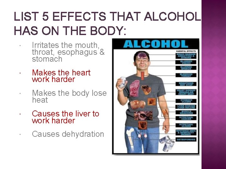 LIST 5 EFFECTS THAT ALCOHOL HAS ON THE BODY: Irritates the mouth, throat, esophagus