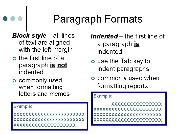 Paragraph Formats Block style – all lines of text are aligned with the left