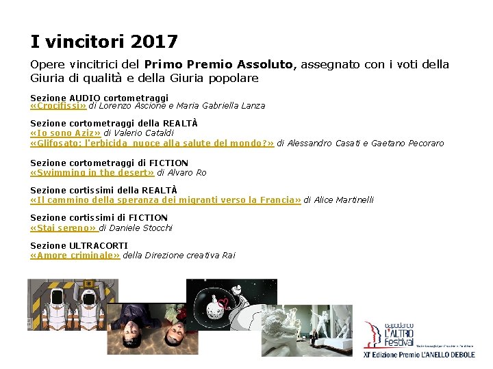 I vincitori 2017 Opere vincitrici del Primo Premio Assoluto, assegnato con i voti della