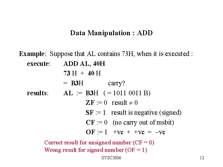 Data Manipulation : ADD Example: Suppose that AL contains 73 H, when it is