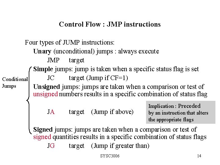 Control Flow : JMP instructions Four types of JUMP instructions: Unary (unconditional) jumps :