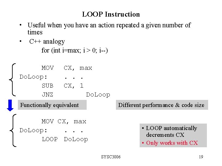 LOOP Instruction • Useful when you have an action repeated a given number of